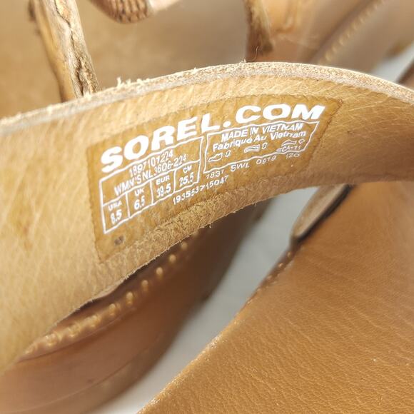 Sorel Women's Grooming US8,5 Tan Leather Criss Cross Platform Slingback Sandals - Picture 12 of 16